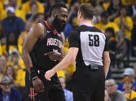 James Harden argues with referee Joshua Tiven during Game 1 of the NBA playoff series between the Golden State Warriors and Houston Rockets. (Image: Thearon W. Henderson/Getty)