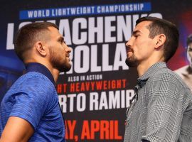 Vasiliy Lomachenko (left) will defend his lightweight title against mandatory challenger Anthony Crolla (right) on Friday night. (Image: Mikey Williams/Top Rank)