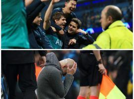 Tottenham Hotspur players celebrate (above) while Manchester City manager Pep Guardiola is stunned at the end of their Champions League match on Wednesday. (Images: Matt West/BPI/Rex/Shutterstock, Marc Atkins/Getty)