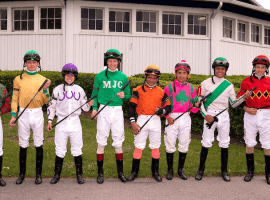 Laurel Park jockeys display new tech riding crops before Thursday races. (Image: Laurel Park)