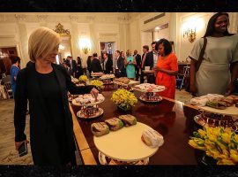 Baylor coach Kim Mulkey looks over the fast-food spread presented to her team for their White House visit, and doesnâ€™t look very impressed. (Image: White House)