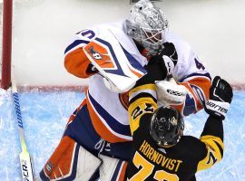 NY Islanders goaltender Robin Lehner standing up to Pittsburgh Penguins winger Patric Hornqvist in Game 4 at Pittsburgh, PA. (Image: AP)