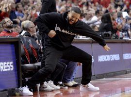 Drake the Raptors victory in Game 6 of the Eastern Conference Finals over the Milwaukee Bucks in Toronto. (Image: Nathan Denette/AP)
