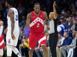 Kawhi Leonard of the Toronto Raptors after hitting a three-pointer in Game 4 against the Philadelphia Sixers in Philadelphia, PA, (Image: Vaugh Ridley/Getty)