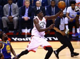 Pascal Siakam, forward from the Toronto Raptors, swoops in for a basket in Game 1 of the NBA Finals in Toronto, Ontario, Canada. (Image: Getty)