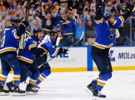 Patrick Maroon (right) of the St. Louis Blues celebrates after scoring his game-winning, series-clinching goal in 2OT to defeat the Dallas Stars. (Image: Dilip Vishwana/Getty)