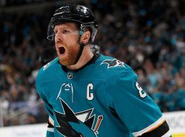 Joe Pavelski of the San Jose Sharks celebrates after scoring a goal against the Colorado Avs in the first period of Game 7 of the Western Conference Semifinals in San Jose, CA. (Image: Josie Lepe/AP)