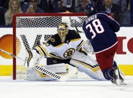 Boston Bruins goalie Tuukka Rask stones Boone Jenner of the Columbus Blue Jackets during a penalty shot in Game 4 of the Eastern Semifinals in Columbus, Ohio. (Image: Paul Vernon/AP)