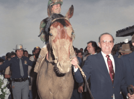 All smiles for Creme Fraiche, jockey Eddie Maple and trainer Woody Stephens after Belmont Stakes.