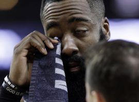 James Harden of the Houston Rockets moments after suffering an accidental eye injury against the Golden State Warriors at Oracle Arena in Oakland, CA. (Image: AP)