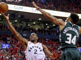 Kawhi Leonard of the Toronto Raptors shoots over Giannis Antetokounmpo of the Milwaukee Bucks in Game 3 of the Eastern Finals at Scotiabank Arena in Toronto, Canada. (Image: Getty)
