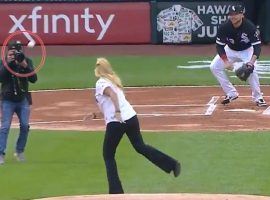 Chicago White Sox employee Mary Ruich threw out the ceremonial first pitch and hit a photographer, who was not hurt. (Image: NBC Sports)