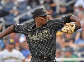 Vanderbilt's freshman ace Kumar Rocker dominating Michigan in Game 2 of the 2019 College World Series in Omaha, Nebraska. (Image: Peter Aiken/Getty)