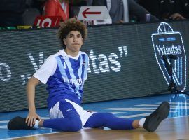 LaMelo Ball of Vytautas Prienai BC playing a game int he Lithuanian Basketball League in early 2018. (Image: Alius Koroliovas/Getty Images)