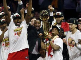 The Toronto Raptors celebrate winning the 2019 NBA Championship at Oracle Arena in Oakland. (Image: Lachlan Cunningham/Getty)