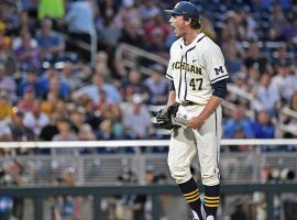 Michigan pitcher Tommy Henry strikes out a Vanderbilt batter during the 2019 College World Series in Omaha, Nebraska. (Image: Michigan Baseball)