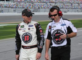 Kevin Harvick and crew chief Rodney Childers are trying to figure out why the driver has been winless this season. (Image: Getty)