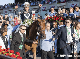 Jockey Joel Rosario enters the Belmont Park winners' circle aboard Sir Winston, winner of the 151st Belmont Stakes (Image: Eric Kallet)