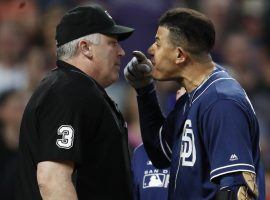 San Diego Padre Manny Machado was ejected on Saturday for arguing a called third strike. (Image: David Zalubowski/AP)