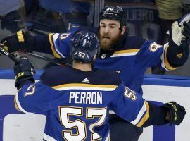 Ryan O'Reilly of the St. Louis Blues celebrates a goal with teammate David Perron (57) in Game 4 of the Stanley Cup Finals in St. Louis. (Image: AP)