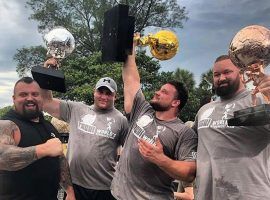 2019 World Strongest Man Martins Licis (center-right) with Hafthor Bjornsson (right) aka the Mountain from 'Game of Thrones'. (Image: Instagram/@theworldsstrongestman)