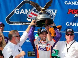 Denny Hamlin held off two of his Joe Gibbs Racing teammates to earn a win at Pocono Raceway on Sunday. (Image: Matthew Oâ€™Haren/USA Today Sports)