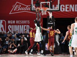 Boston Celtics center Tacko Fall playing against the Cleveland Cavs in the 2019 NBA Summer League in Las Vegas, NV. (Garrett Ellwood/Getty)