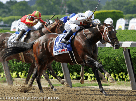 McKinzie in tight quarters can't rundown Mitole in the Met Mile on June 8. (EquiSport Photos/Jessie Holmes)