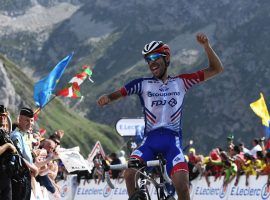 Thibaut Pinot (Groupama-FDJ) celebrates his victory in Stage 14 of the 2019 Tour de France at the top of Col du Tourmalet. (Image: Anne-Christine Poujoula/Getty)