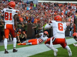 QB Baker Mayfield celebrates with Cleveland Browns teammates after a touchdown last season. (Image: Frank Jansky/Getty)