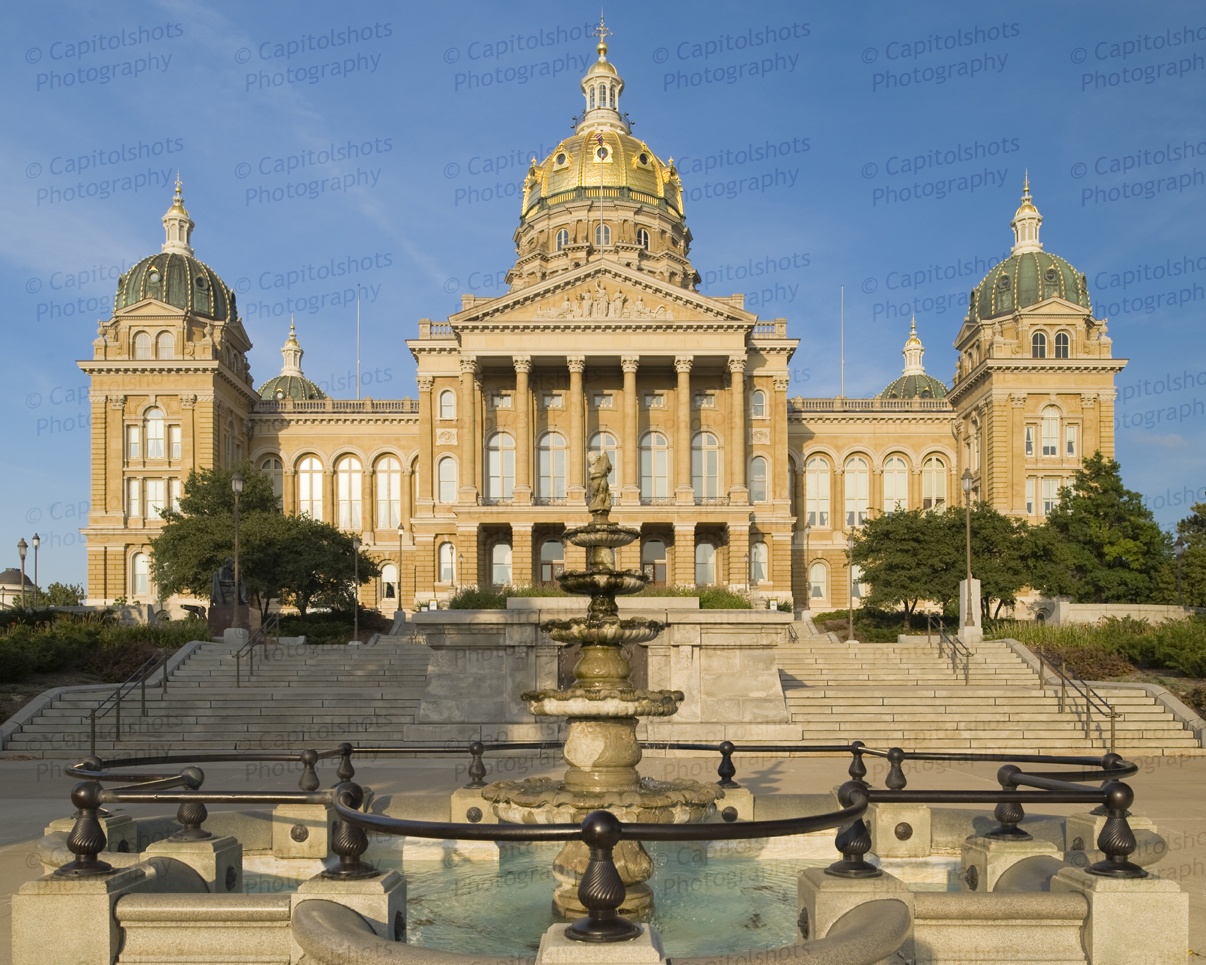 A photo of the Iowa State Capitol.  In the foreground is the Bicentennial Fountain, which was installed in 1992.  Constructed between 1871 and 1886, the Iowa State Capitol was Designed by John C. Cochrane and Alfred H. Piquenard.  The French Baroque Revival building, located in Des Moines, is listed on the National Register of Historic Places.  This photo Â© Capitolshots Photography, ALL RIGHTS RESERVED.