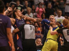 Brittney Griner (left) was suspended three games for her role in a brawl between the WNBAâ€™s Phoenix Mercury and Dallas Wings on Saturday. (Image: Madeleine Cook/Arizona Republic)