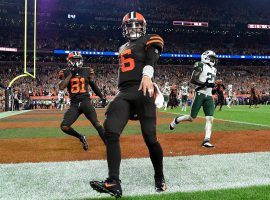 Browns QB Baker Mayfield celebrates a touchdown against the NY Jets. (Image: Jason Miller/Getty)