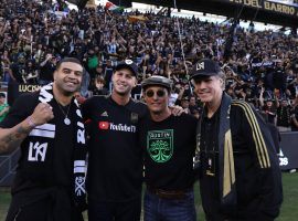Matthew McConaughey proudly wears his Austin FC colors, surrounded by Shawne "Lights Out" Merriman, LA Rams QB Jared Goff and LAFC part-owner Will Farell (Image: LAFC)