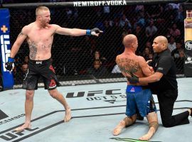 Justin Gaethje (left) defeated Donald Cerrone by first-round TKO on Saturday, though he felt that referee Jerin Valel (right) could have stopped the fight sooner. (Image: Jeff Bottari/Zuffa)