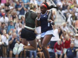 Caty McNally and Coco Gauff -- McCoco -- celebrate in their signiture bump after second round US Open win (Image: Kevin Hagen/Associated Press)