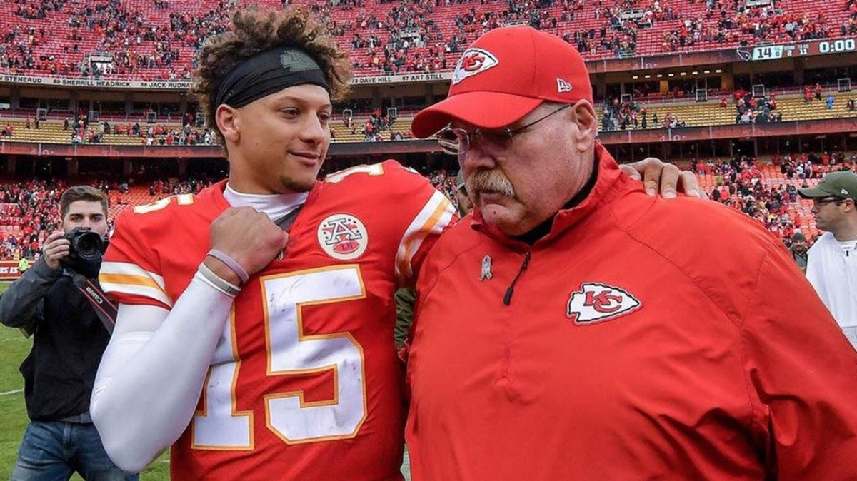 Chiefs QB Patrick Mahomes and head coach Andy Reid chat after a playoff game at Arrowhead Stadium in Kansas City. (Image: John Sleezer/AP)