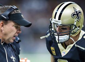 New Orleans Saints head coach Sean Payton and QB Drew Brees discuss a play on the sidelines of the Superdome in New Orleans. (Image: Porter Lambert/Getty)