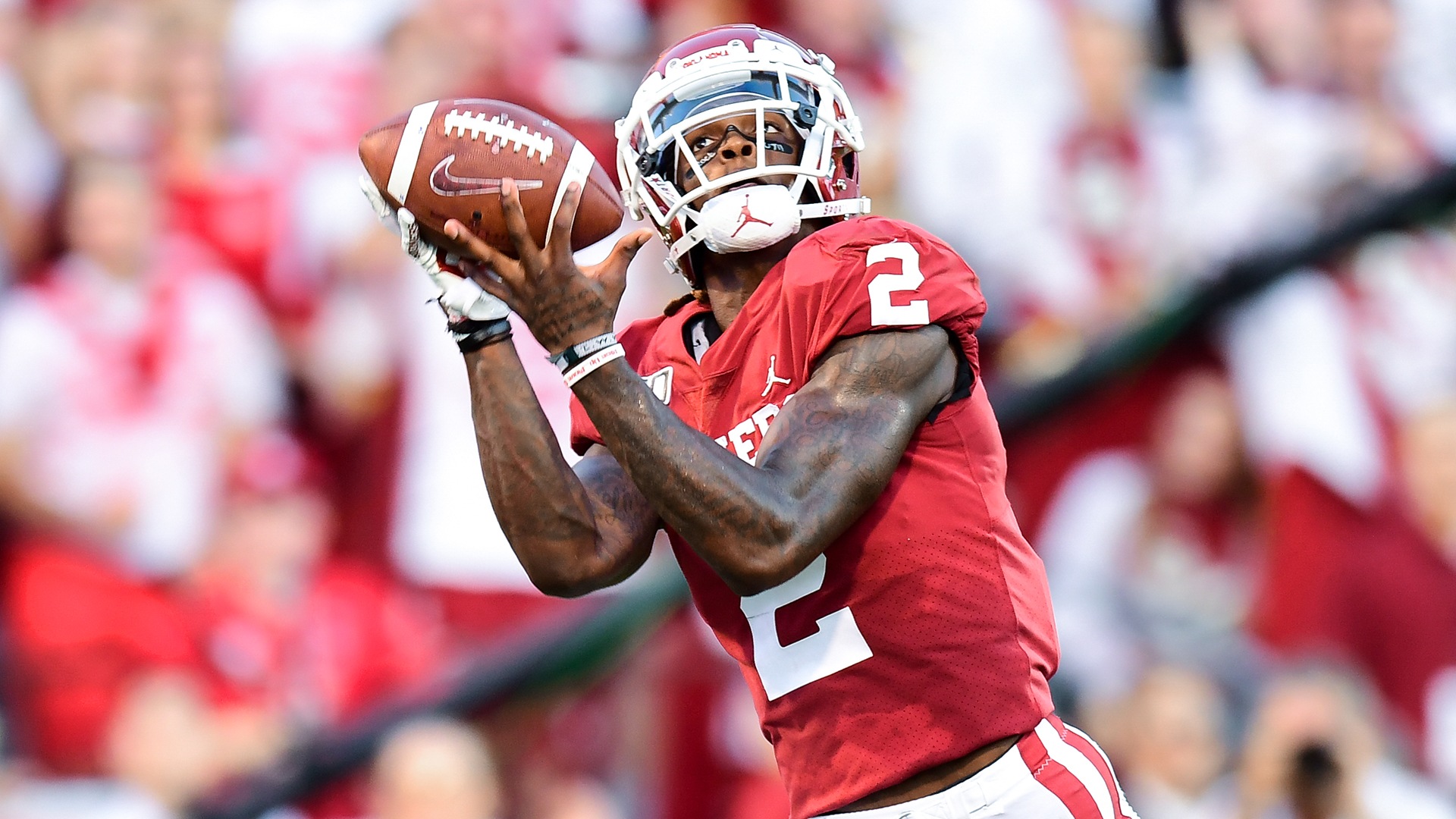 CeeDee Lamb caught all three of Jalen Hurts' touchdown passes on Satruday, making him a must-have to win the big money in DFS. (Image: Sooner Sports)