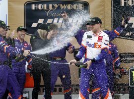 Denny Hamlin won the Hollywood Casino 400 on Sunday to earn his fifth victory of the 2019 NASCAR season. (Image: Brian Lawdermilk/Getty)