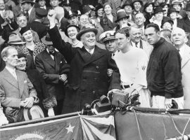 President Franklin D. Roosevelt throws out the first pitch in the 1933 World Series in Griffin Stadium. (Image: AP)