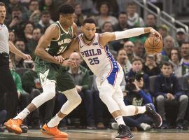 Milwaukee Bucks Giannis 'Greek Freak' Antetokounmpo defends Ben Simmons of the Philadelphia Sixers during a game in Philadelphia in 2019. (Image: Jeff Hanisch/USA Today Sports)