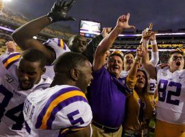 Coach Ed Orgeron celebrates his teamâ€™s 23-20 victory over Auburn on Saturday that made LSU the new No. 1. (Image: Getty)