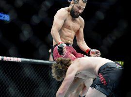 Ben Askren (lower) will look to recover from his record-setting five-second knockout loss to Jorge Masvidal (upper) when he takes on Demian Maia at UFC Fight Night 162. (Image: Stephen R. Sylvanie/USA Today Sports)