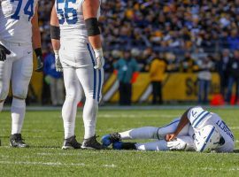 Indianapolis Colts QB Jacoby Brissett on the ground after spraining his knee against the Pittsburgh Steelers at Heinz Field. (Image: Robert Scheer/Indy Star)
