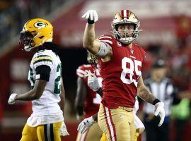 San Francisco Niners TE Greg Kittle celebrates a first down against the Green Bay Packers at Levi Stadium in Santa Clara, CA. (Image: Ezra Shaw/Getty)