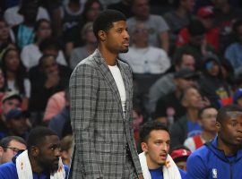 Paul George in street clothes while on the LA Clippers bench at the Staples Center in Los Angeles. (Image: Jayne Kamin-Oncea/USA Today Sports)
