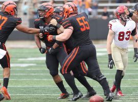 Princeton safety Daniel Beard is congratulated by his teammates after an interception against Harvard. (Image: Beverly Schaefer/Princeton Athletics)