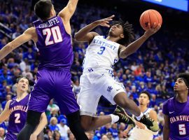 Evansville guard Sam Cunliffe blocks Kentucky guard Tyrese Maxey at Rupp Arena in Lexington, KY. (Image: Getty)