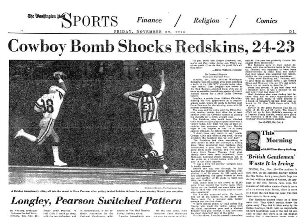 1974 Washington Post: Dallas Cowboys beat Redskins